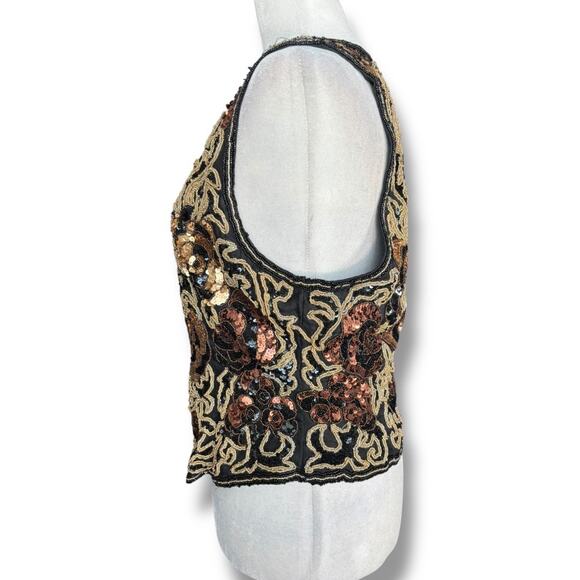 Vintage 90s Black Tie Silk Beaded Metallic Sequin Open Front Vest Gold Bronze - Picture 5 of 11